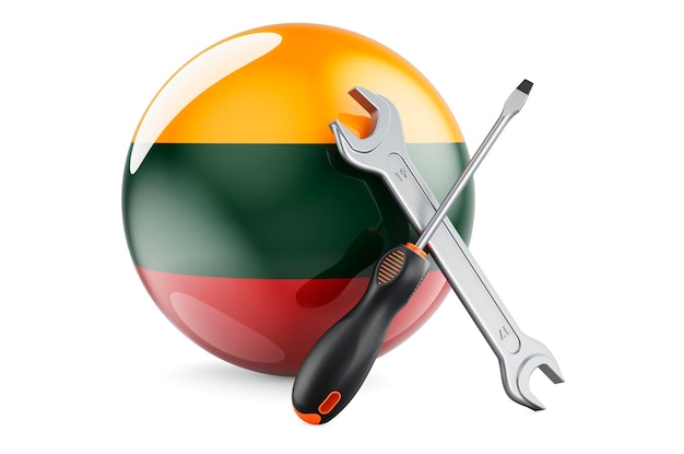 Service and repair in Lithuania concept Screwdriver and wrench with Lithuanian flag 3D rendering isolated on white background