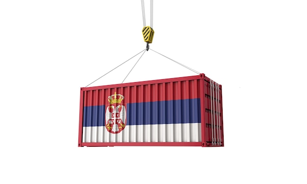 Servië vlag vracht handelscontainer hangend aan een kraan d render