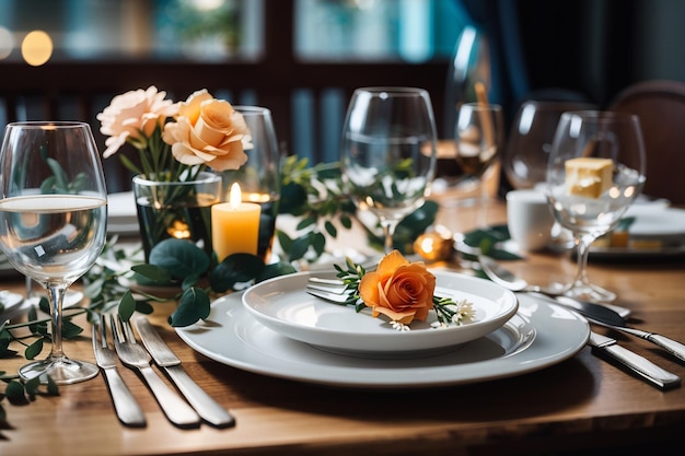 Serviesglazen bloemvorkmes geserveerd voor diner in restaurant met gezellig interieur