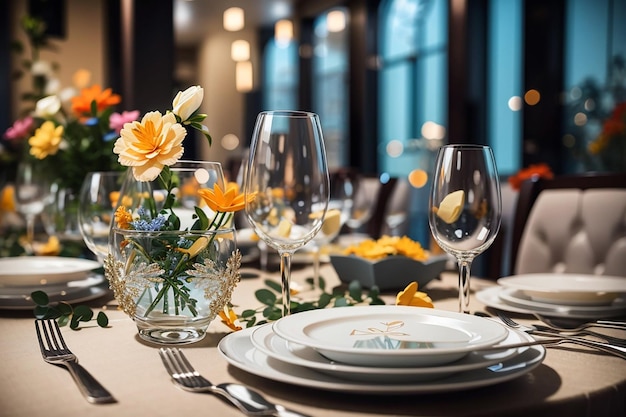 Serviesglazen bloemvorkmes geserveerd voor diner in restaurant met gezellig interieur