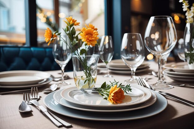 Serviesglazen bloemvorkmes geserveerd voor diner in restaurant met gezellig interieur