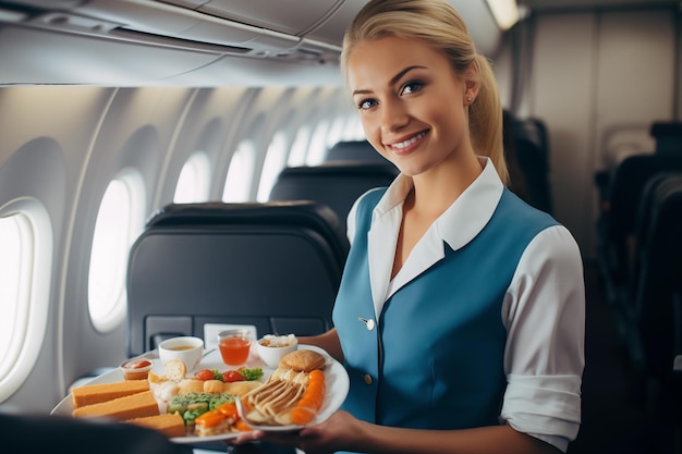 Фото Стюардесса подает еду пассажиру в самолете