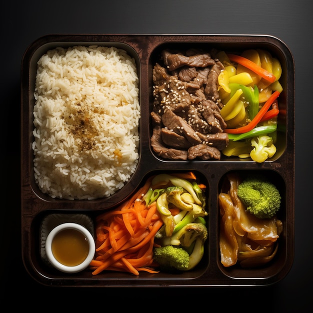Serving of Asian delivery food with chicken rice and vegetables Generative AI