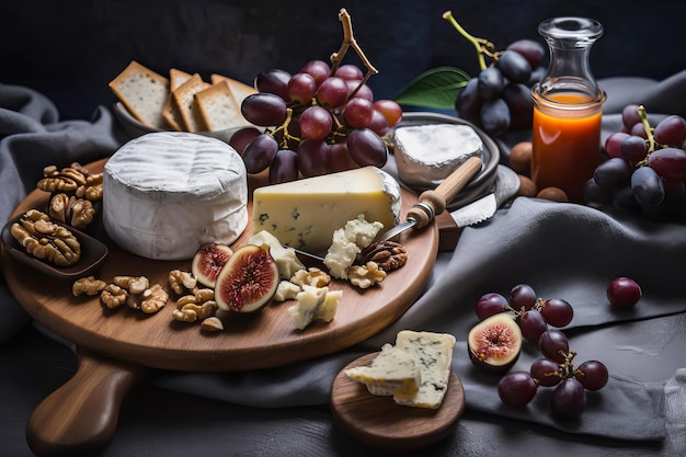 Serving cheese board with crackers Italian and French cheese with figs and nuts Generative AI illustration