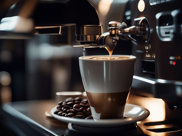 Photo serving a cup of espresso coffee in a coffee shop blurred background