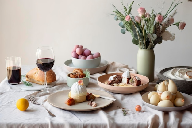 Serving Easter table with tasty dishes and glass of wine generate ai