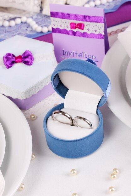 Serving fabulous wedding table in purple color close-up