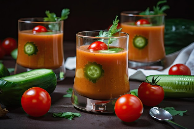 Serving of gazpacho garnished with cucumber and cherry tomatoes