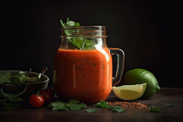 A serving of gazpacho in a glass jar