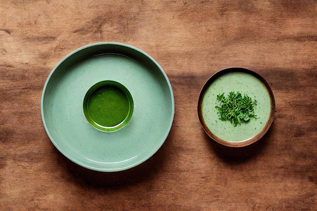 Serving green plates for delicious bright Spanish dish in form of gazpacho