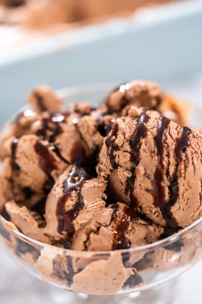 Photo serving homemade chocolate chip ice cream drizzled with chocolate in a glass bowl.