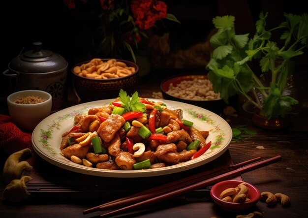 Una porzione di pollo kung pao con contorno di involtini primavera