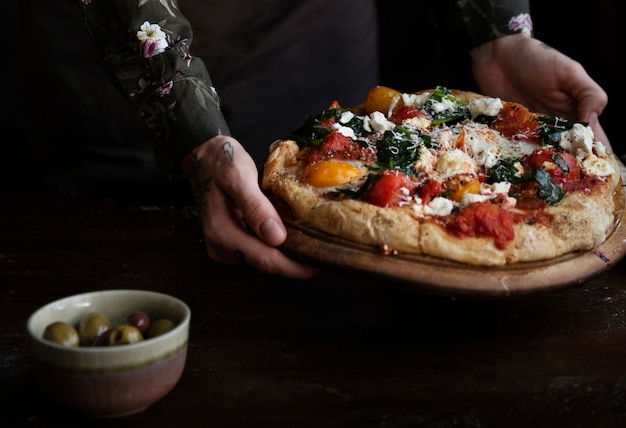 Serving pizza food photography recipe idea