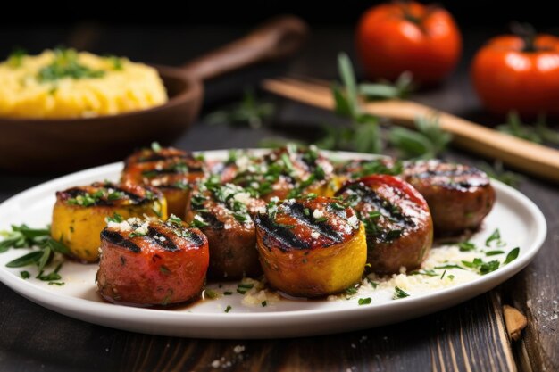 Serving a plate of grilled sausage with polenta