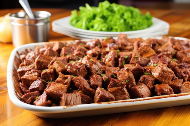 A serving platter filled with garlic bbq steak tips