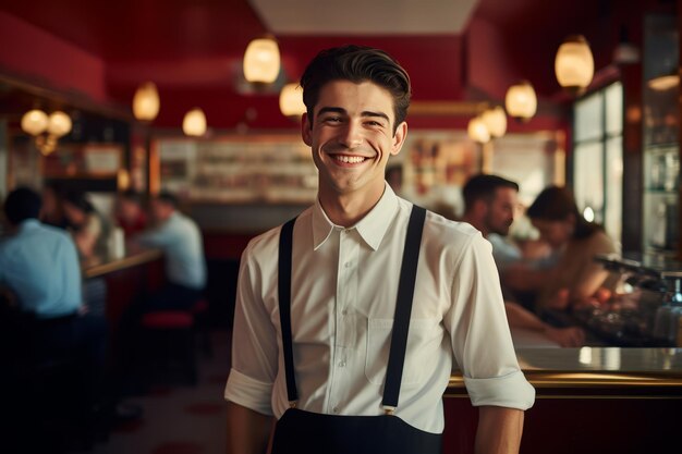 Serving Smiles The Charismatic Waiter Behind the Food Track Counter