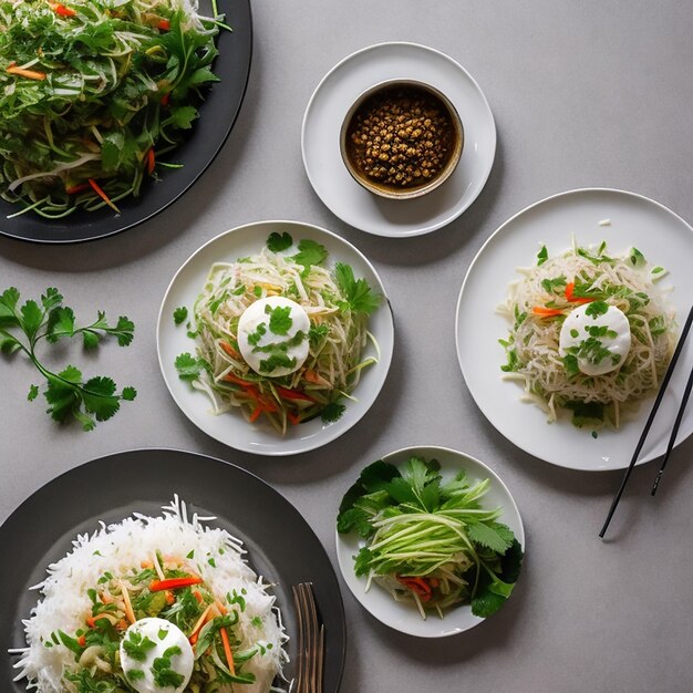 A serving of som tam alongside a mound of sticky rice