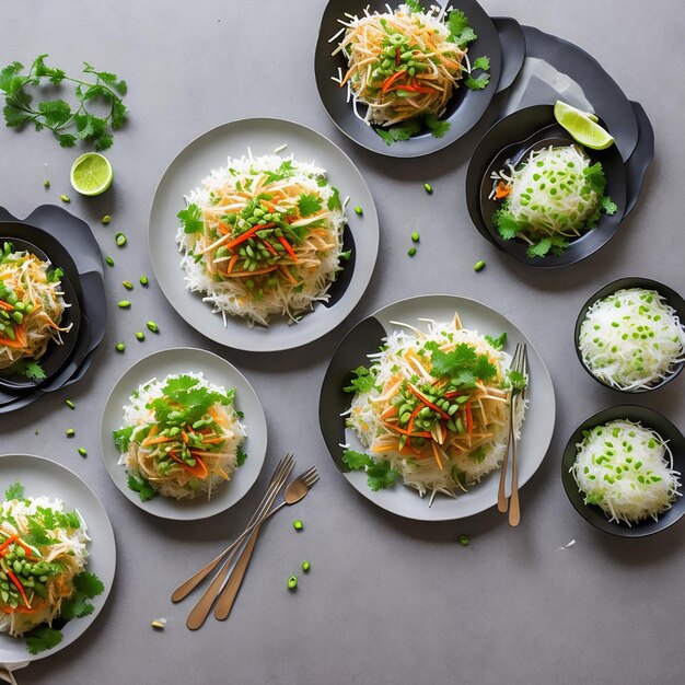 A serving of som tam alongside a mound of sticky rice