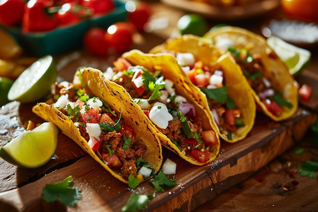 Foto servire tacos messicani su sottili tortille dorate con diversi ripieni e salsa piccante