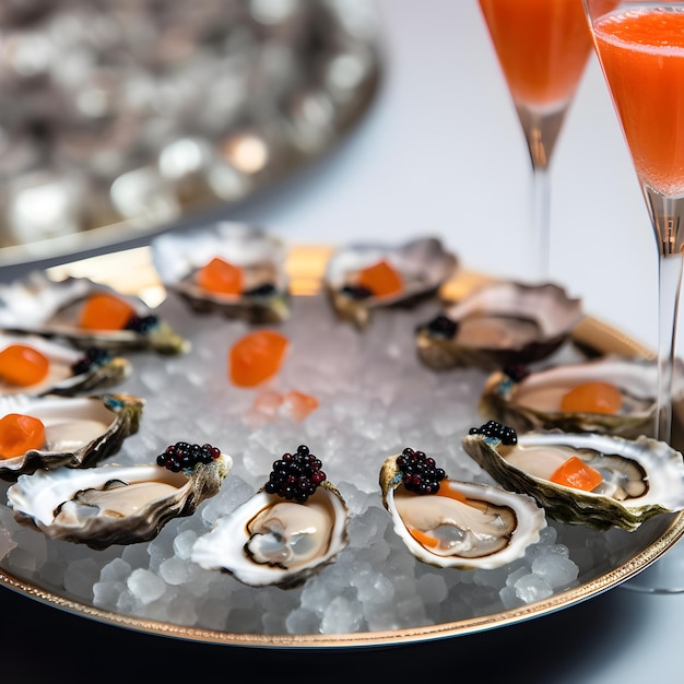 Serving tray with oysters on crushed ice staffed with red and black caviar and 2 glasses of red caviar Luxury seafood and caviar tasting in a fancy restaurant AI