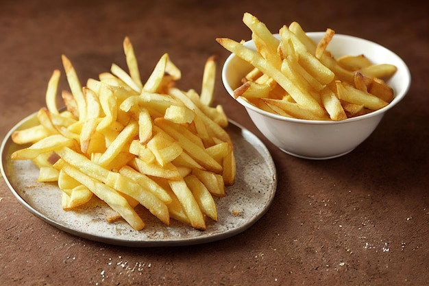 Servings of mouthwatering hot french fries for quick snack at lunch