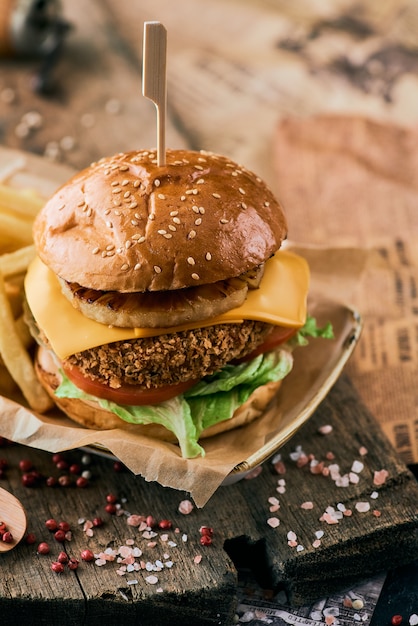 Sesamburger met ananas, kaas en frietjes op een houten snijplank.