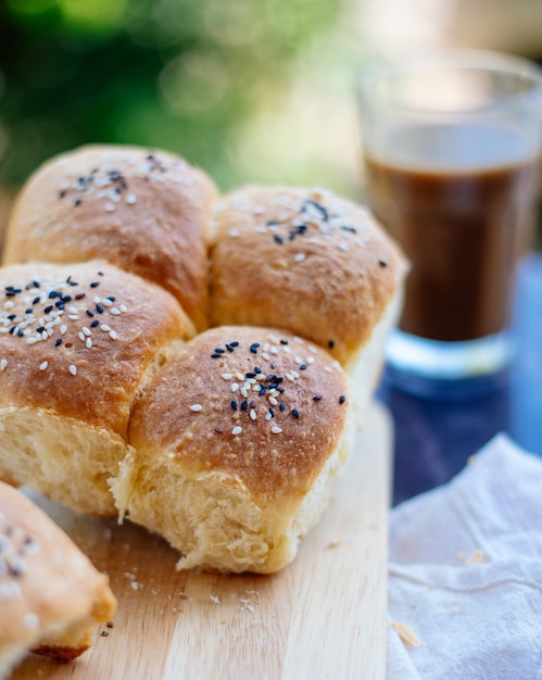 Sesame bread with cocoa drink for breakfast