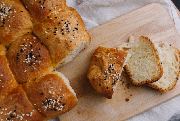 Sesame bread on wooden board