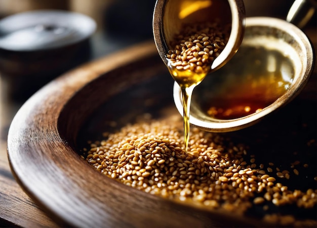 Sesame oil on wooden table