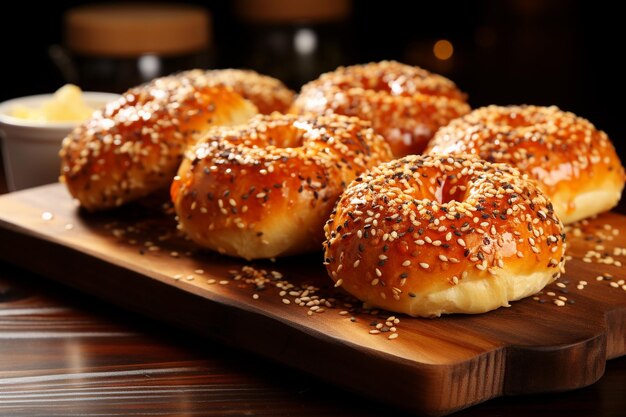 Sesame Seed Bagels on Wooden Board Rustic Bakery Charm