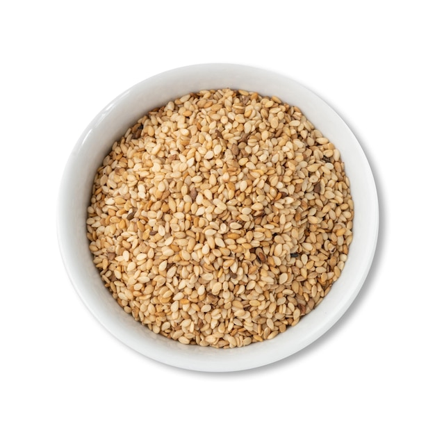 Sesame seeds in a bowl isolated over white background.