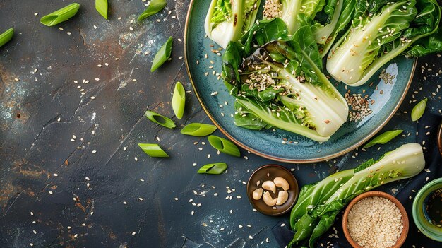 Photo sesame seeds and garlic are added to chinesefried pak choi nutritious food bright background copy space generative ai