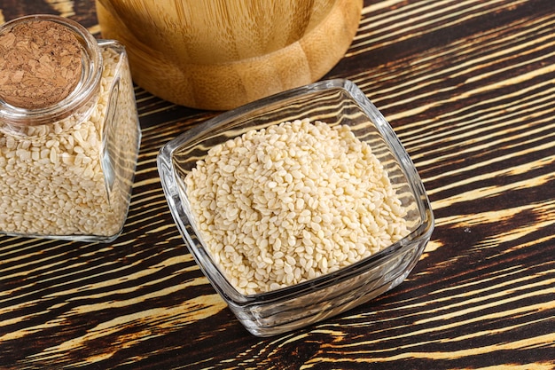 Sesame seeds heap in the bowl for cooking