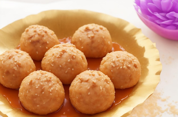 Sesamkaramel laddu op witte achtergrond