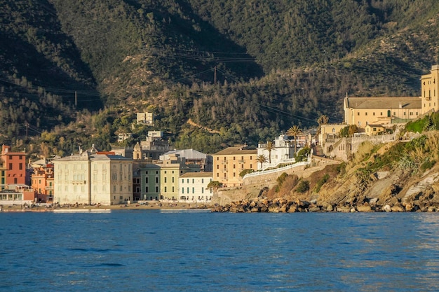 sestri levante silence bay view from the sea at sunset Baia del Silenzio sea harbor and beach view Liguria Italy