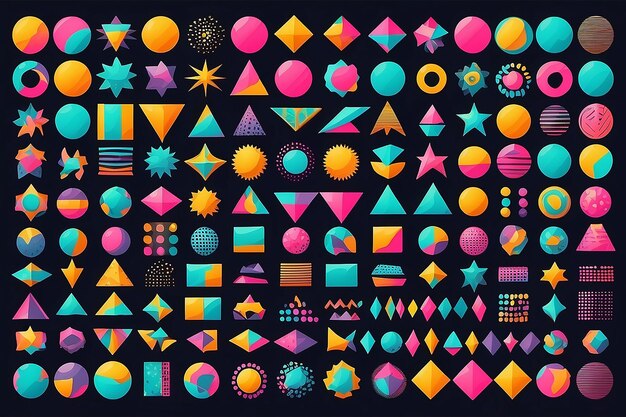 Набор из 100 геометрических форм, ретро-элементов дизайна Мемфиса для веб-рекламы.