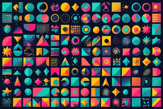 Набор из 100 геометрических форм, ретро-элементов дизайна Мемфиса для веб-рекламы.