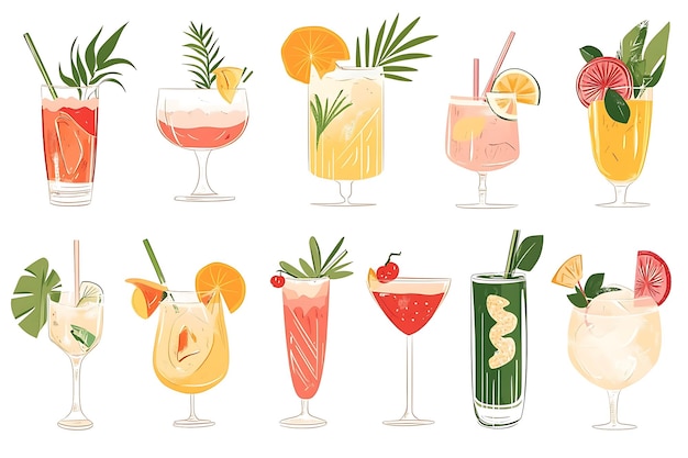 Photo set of 12 colorful cocktail illustrations with tropical fruits and leaves