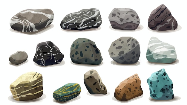 Photo a set of 12 different cartoon rocks the rocks are all different colors and shapes and they are all rendered in a realistic style