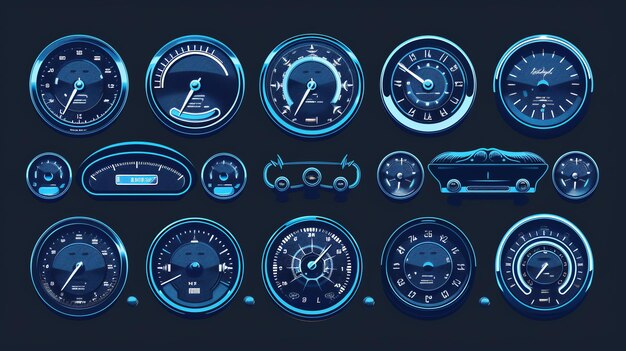 Photo a set of 12 glowing blue car dashboard gauges