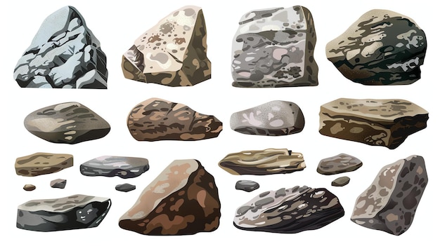 Photo a set of 12 handdrawn vector illustrations of various rocks and stones the rocks are all different shapes and sizes and have a variety of textures