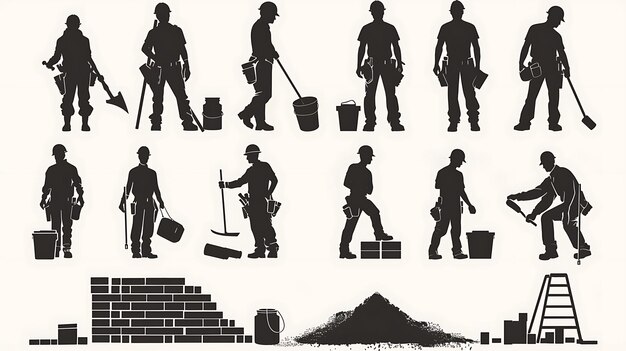 Photo a set of 12 vector construction worker silhouettes the workers are in a variety of poses including digging lifting and carrying