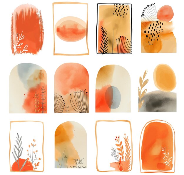 A set of 12 watercolor paintings with a variety of shapes and colors