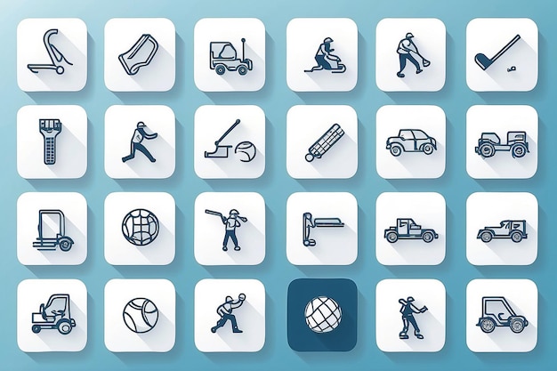 Photo set of 16 activity outline icons such as loader truck joystick domino golf ball