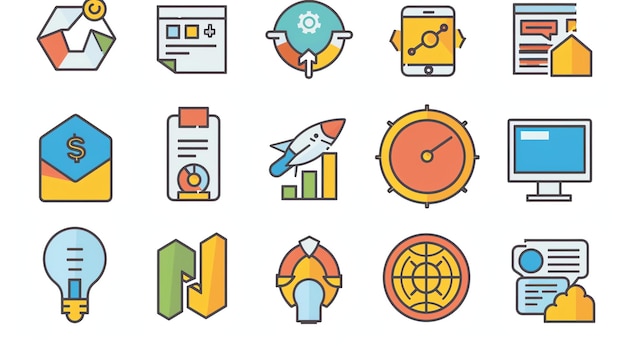 A set of 16 colorful outline icons