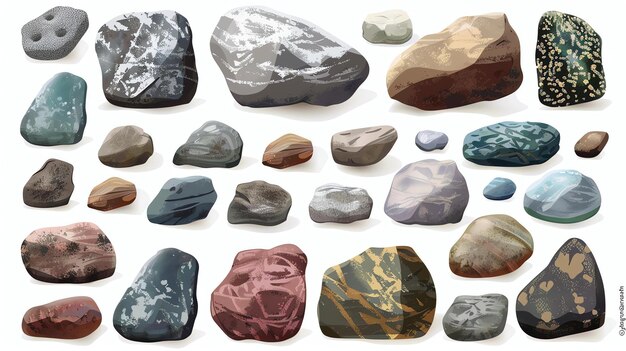Набор из 20 реалистичных векторных камней и камней разных размеров и цветов.