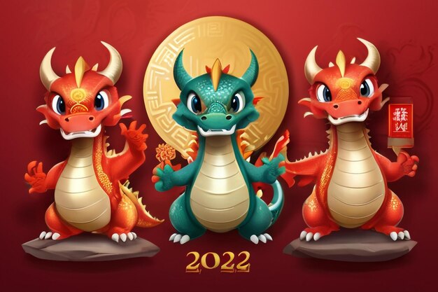 Set of 3 cartoon character dragons design for Chinese new year 2024 year of the dragon