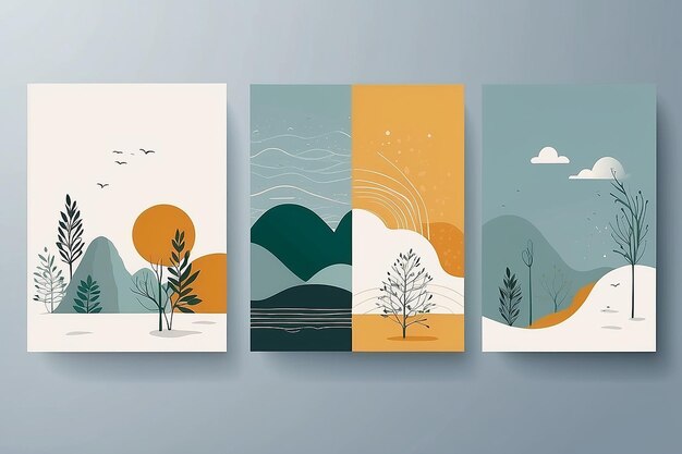 Set of 3 creative minimalist illustrations for wall decoration postcard or brochure cover design Vector EPS10