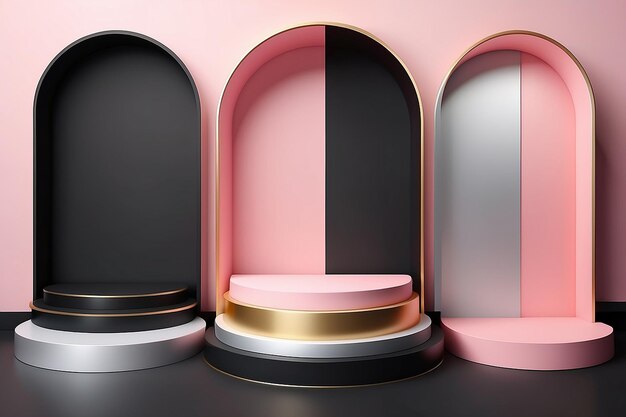 Photo set of 3d background with stand podium black gold silver pink gold with luxury arch shape scene