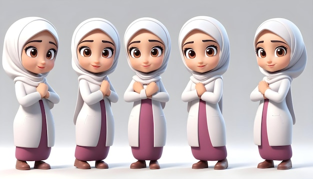 set 3d character girl wearing hijab fullbody white background various expression face